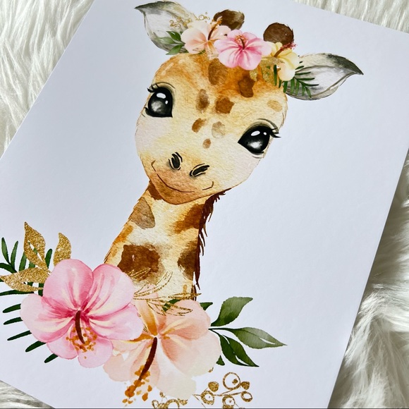 Cute Floral Giraffe Watercolor Wall Art Print Poster Unframed - Picture 13 of 15